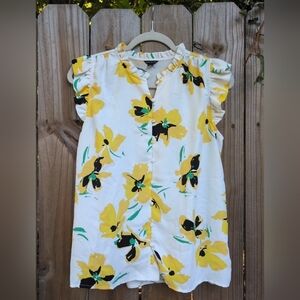 Ann Taylor White Yellow Floral Patterned Ruffle Sleeve Blouse